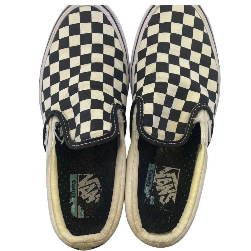 Vans ComfyCush Slip-On shoes black white checkerboard  *ripped* 8 womens